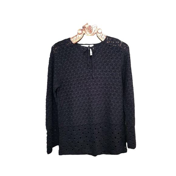 Liz Claiborne Sweater Hand Crochet Black Cotton Pullover Keyhole Neck Boho M NWT - Picture 1 of 7